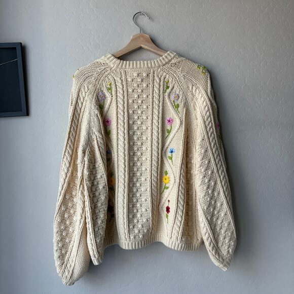 The Great. Sweater Floral Embroidered Cable Knit Pullover Sweater Cream Size 1/S - Picture 7 of 9